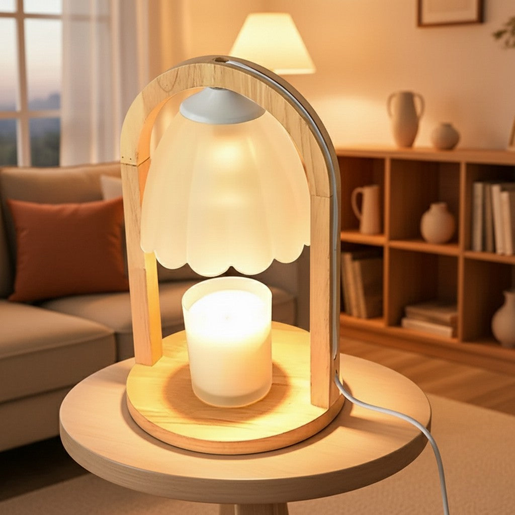 Wooden table lamp with a candle base on a round wooden table in a cozy living room.