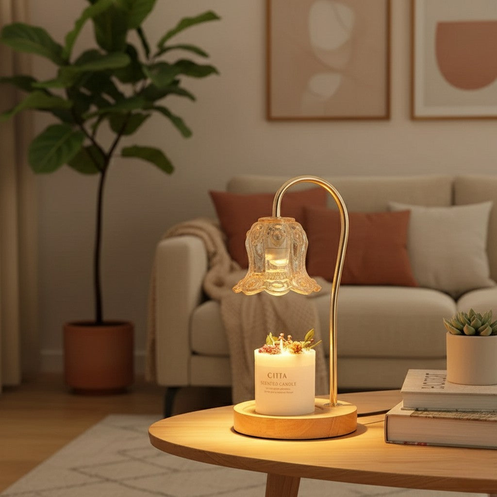 Decorative table lamp with a candle on a wooden table in a cozy living room.