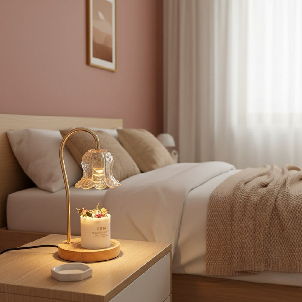 Lamp and candle on a nightstand in a bedroom setting