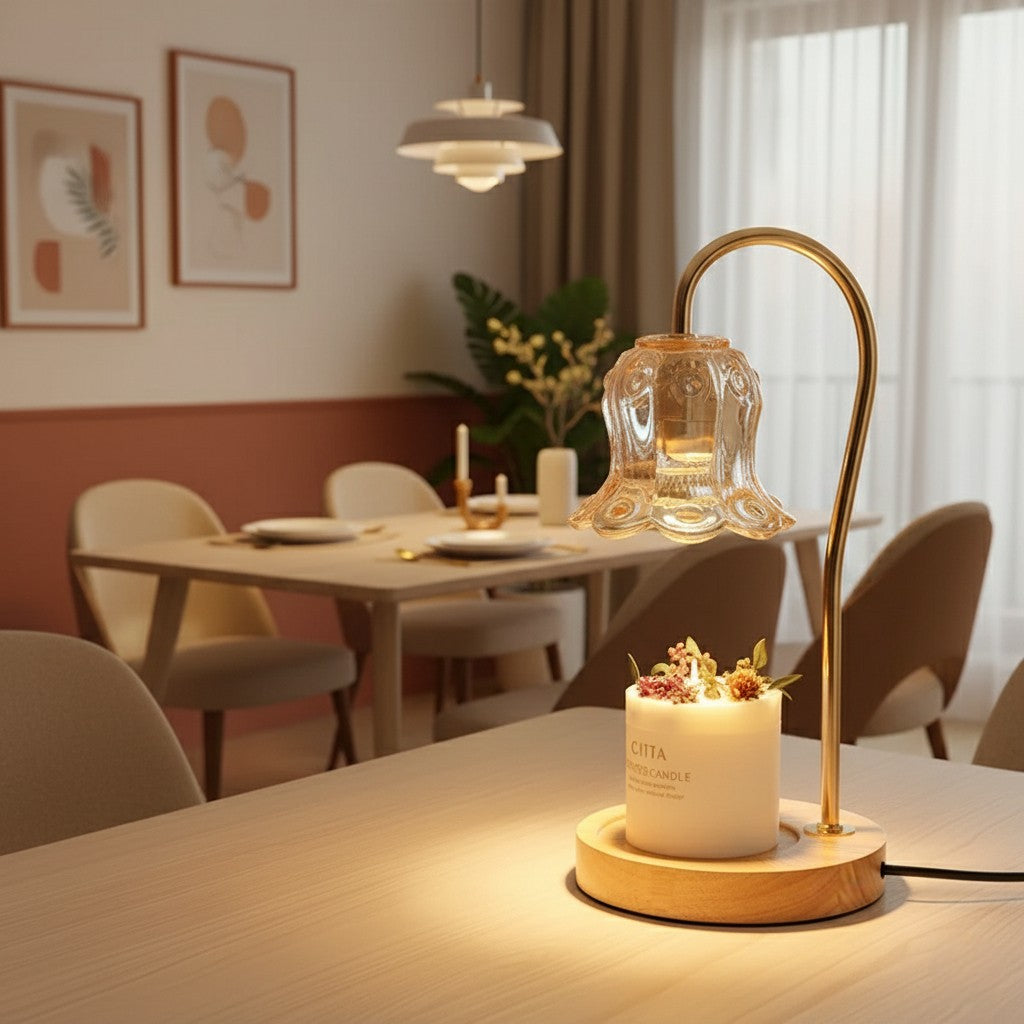 Decorative table lamp on a table with a cozy indoor setting in the background
