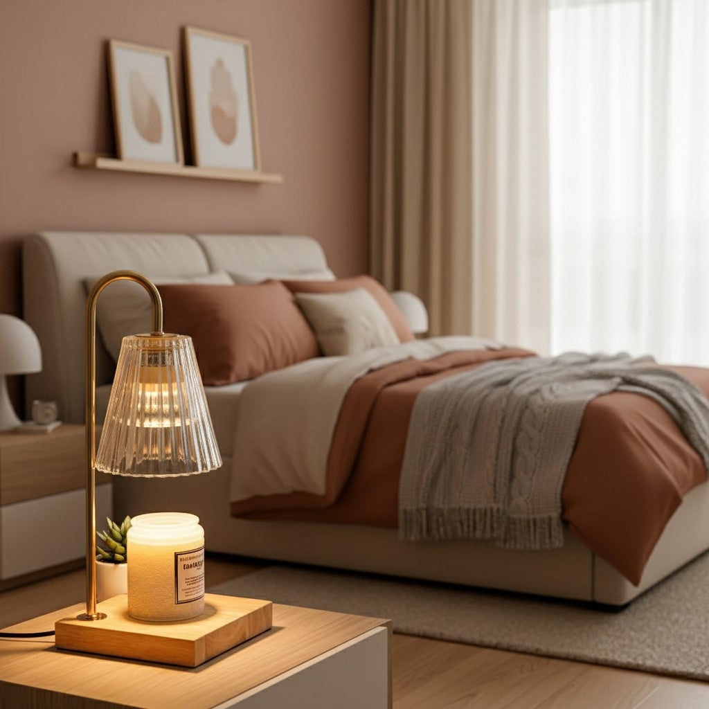 Cozy bedroom with a bed, lamp, and candle on a wooden table.