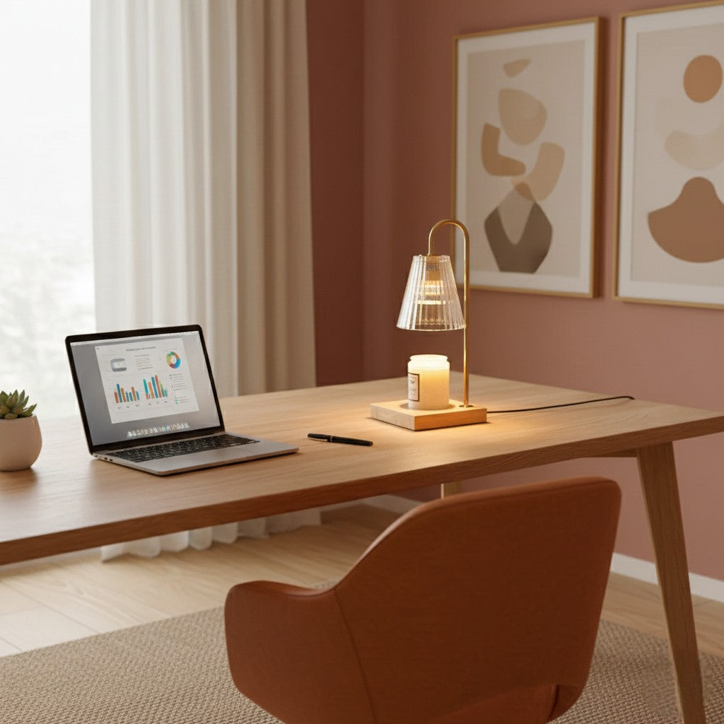Home office setup with a desk, laptop, lamp, and candle.