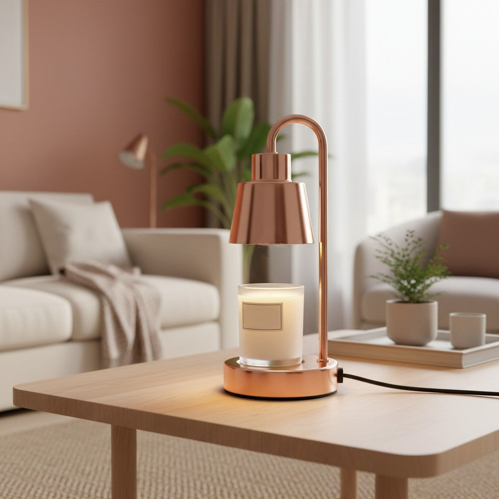 Copper table lamp with a candle on a wooden coffee table in a living room.