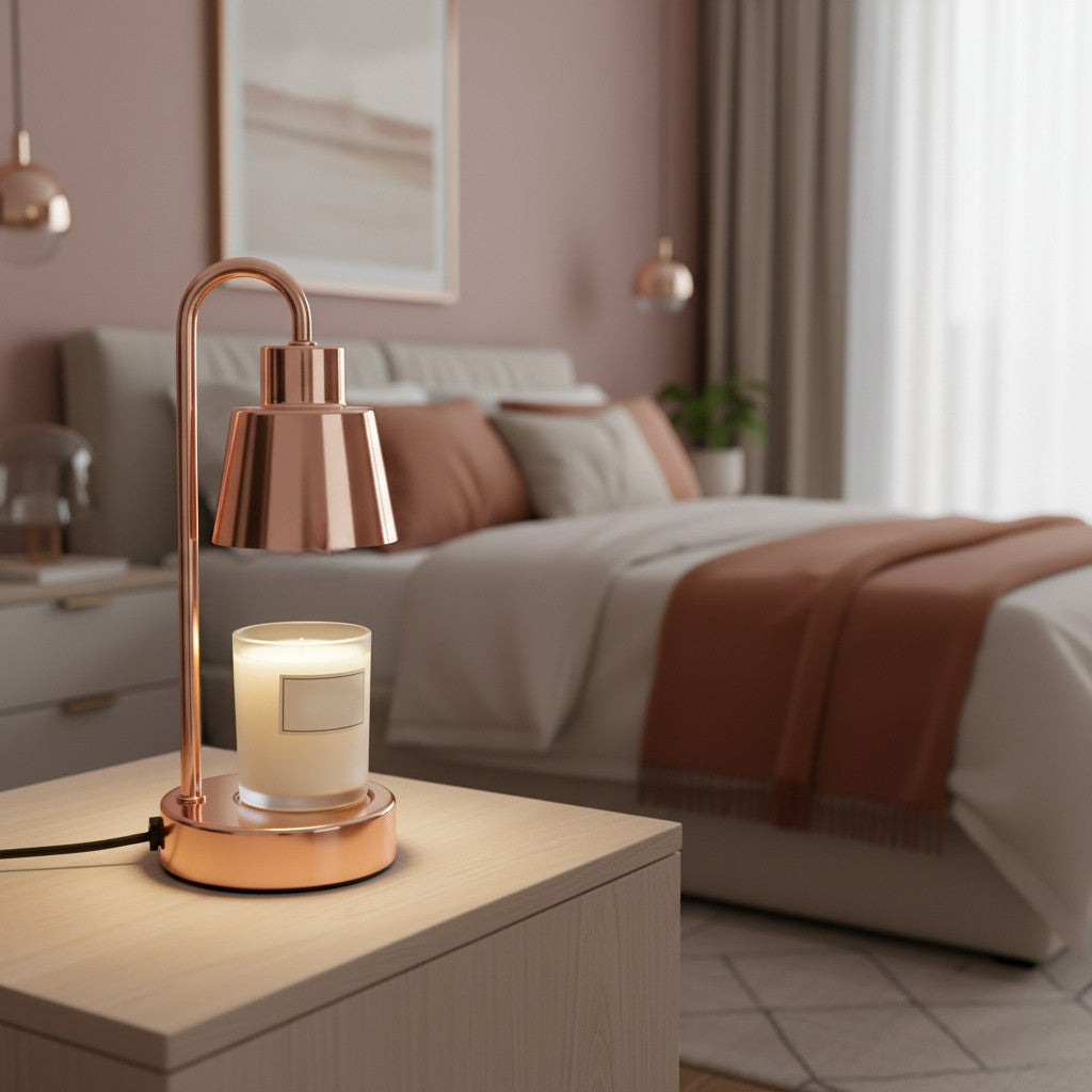 Copper lamp with a lit candle on a nightstand in a bedroom setting