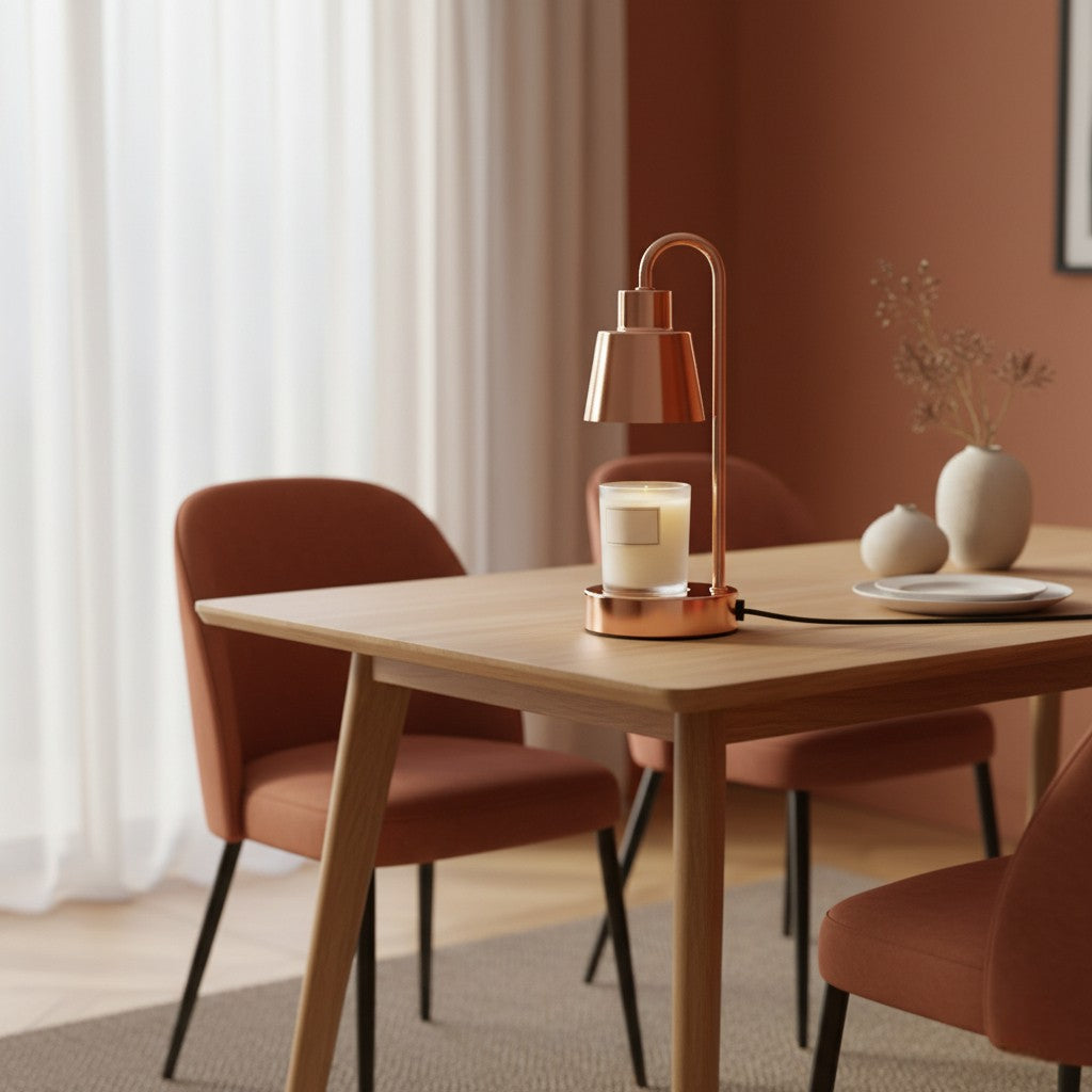 Dining room with wooden table, red chairs, and a decorative lamp.