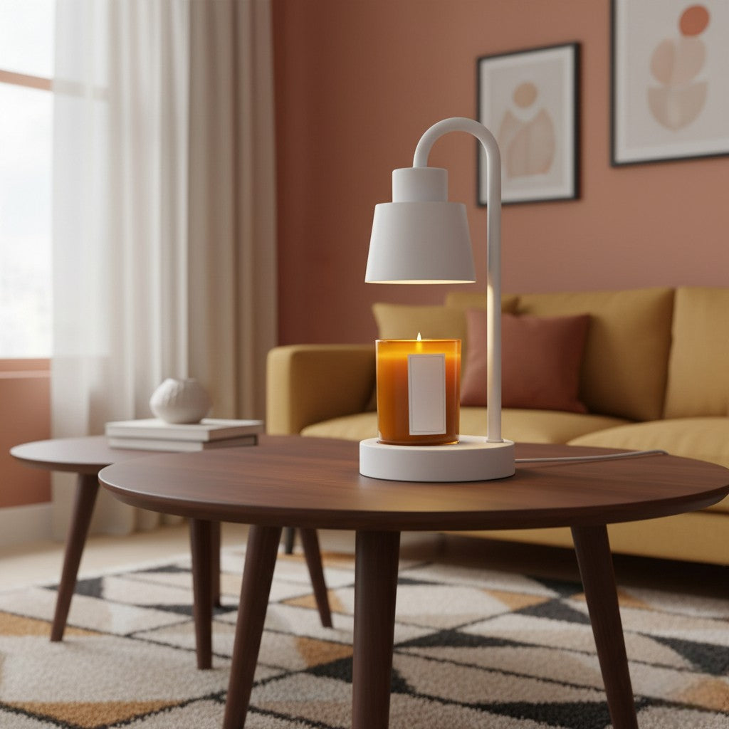 Table lamp with a candle on a wooden table in a living room setting