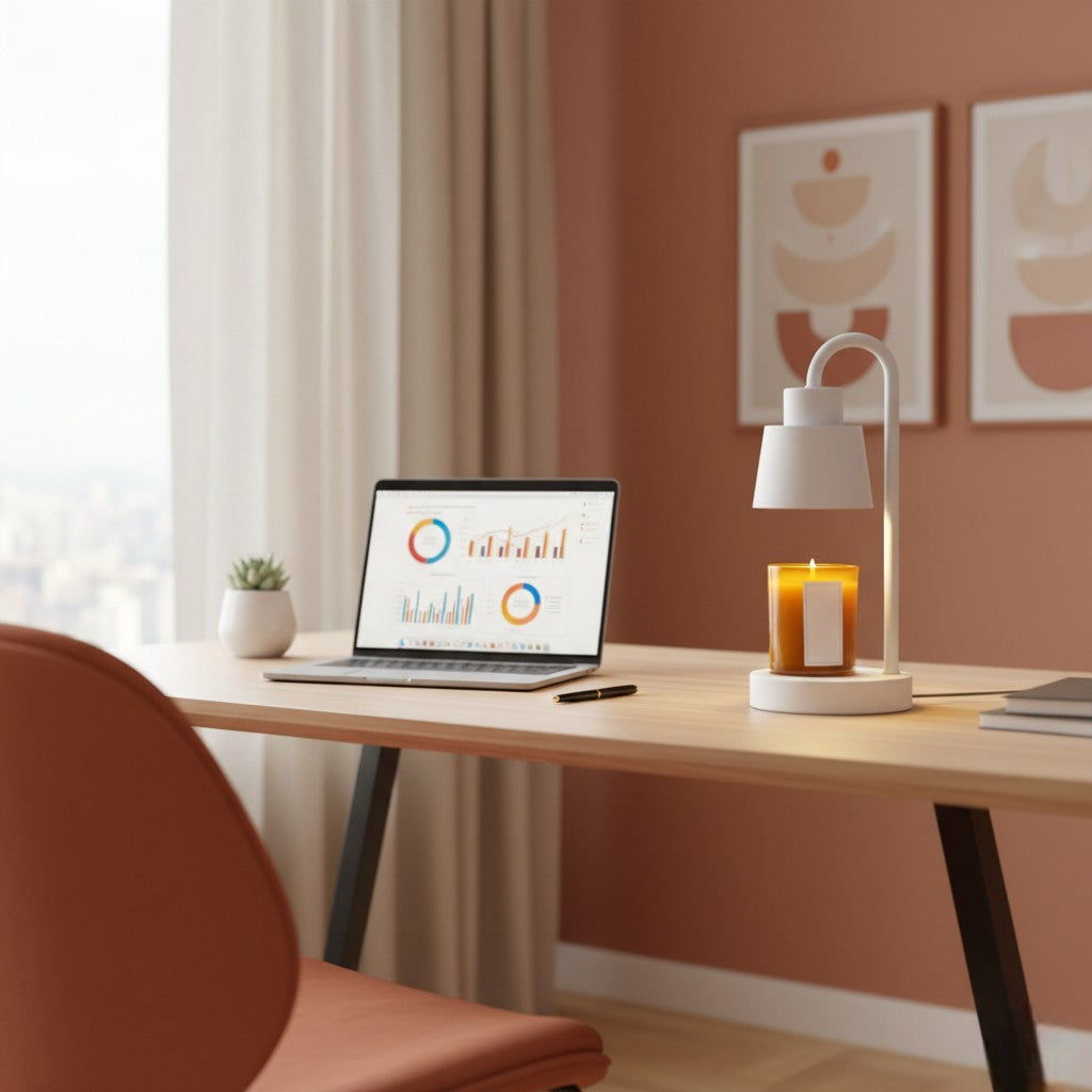 Home office desk with laptop, lamp, and candle in a cozy room.