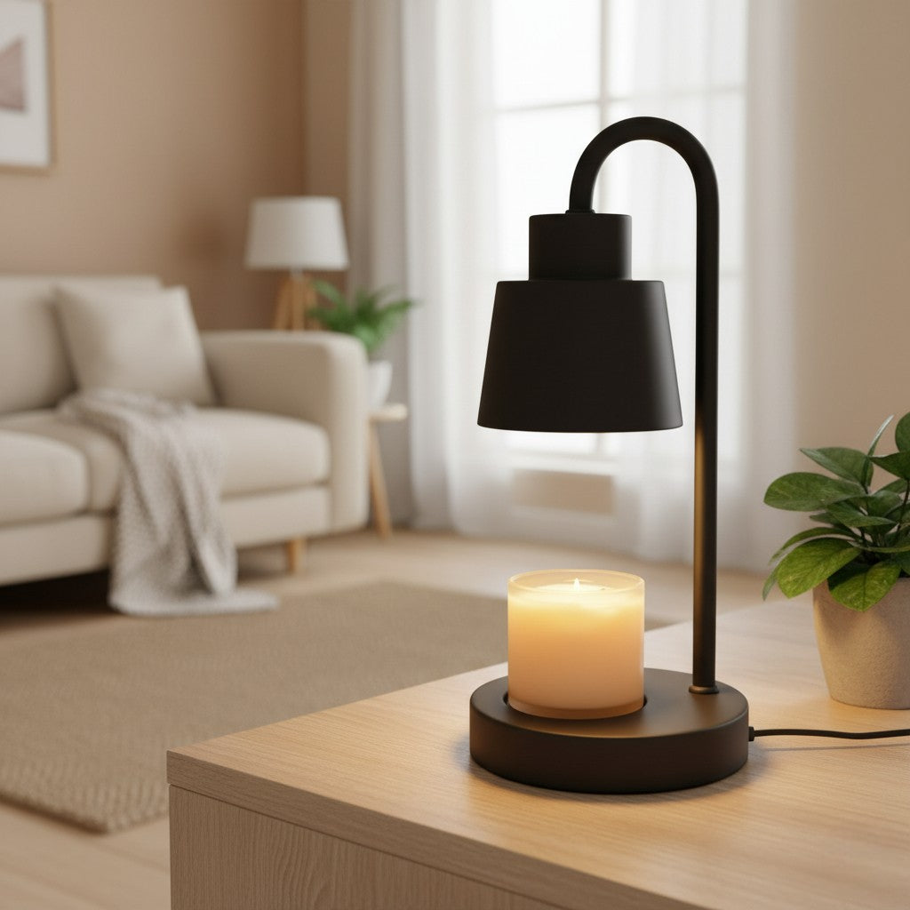 Modern black table lamp with a candle on a wooden surface in a living room setting.