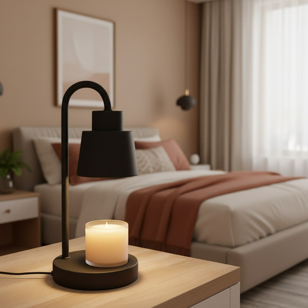 Candle on a black lampshade with a bedroom in the background