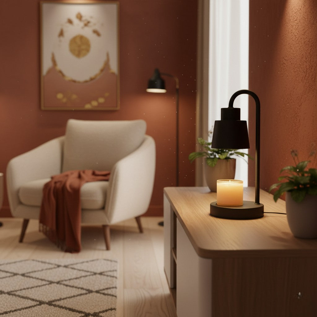 Cozy living room with a white armchair, table lamp, and candle.