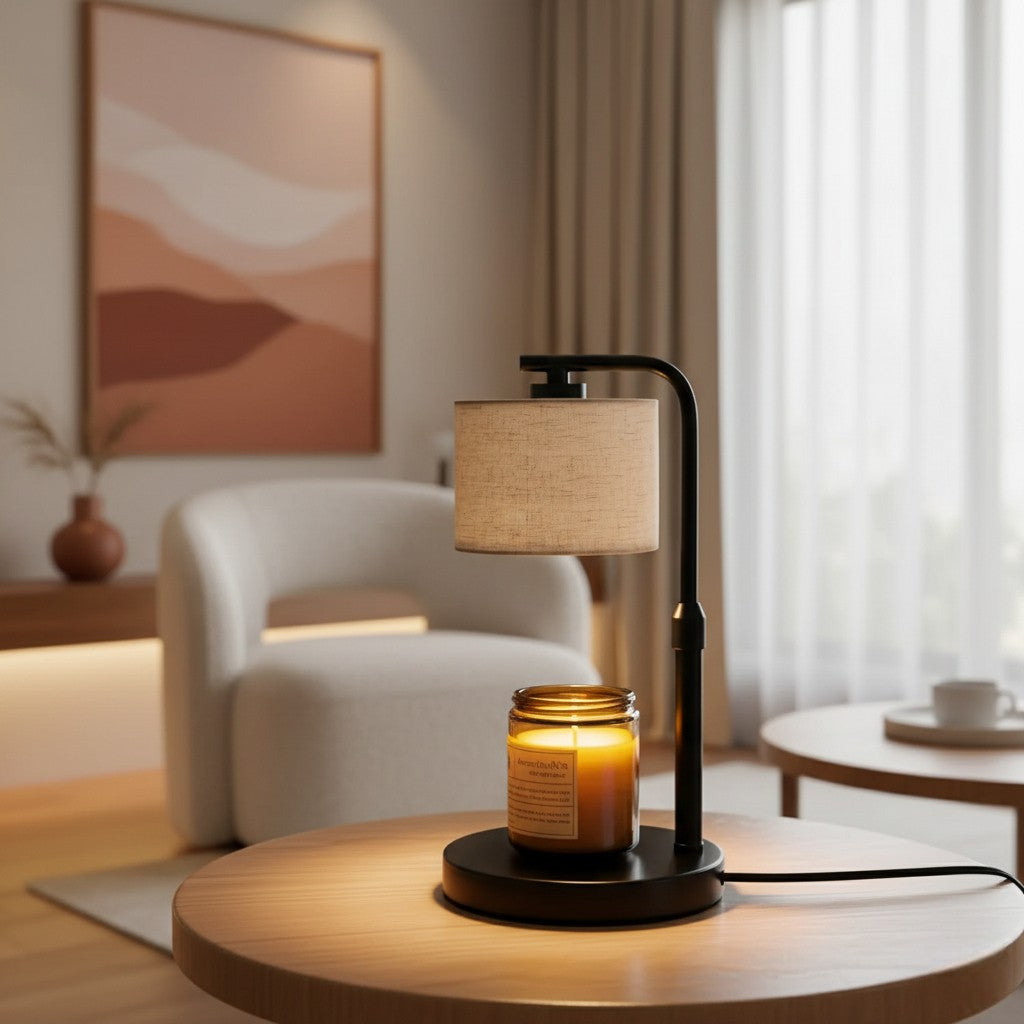 Table lamp with a candle on a wooden table in a cozy living room.