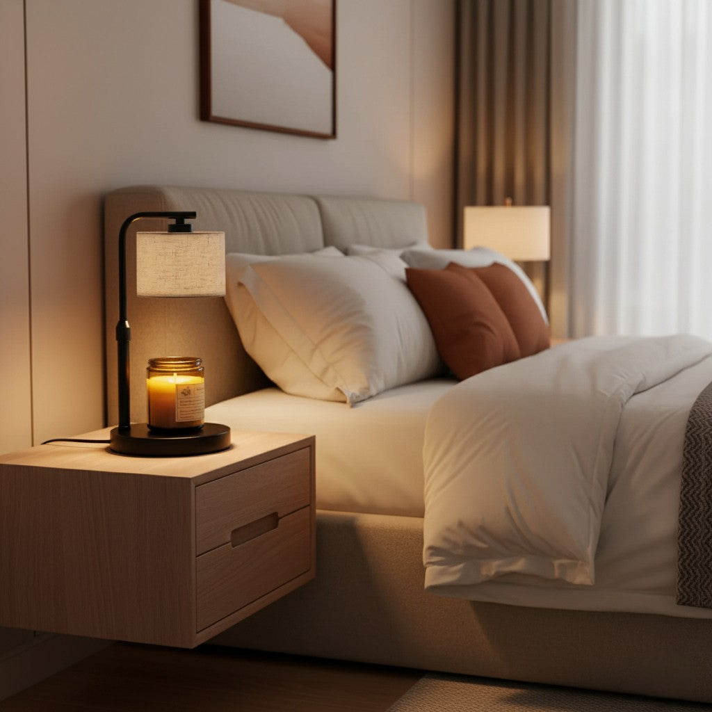 Cozy bedroom with a bed, nightstand, and lamp.