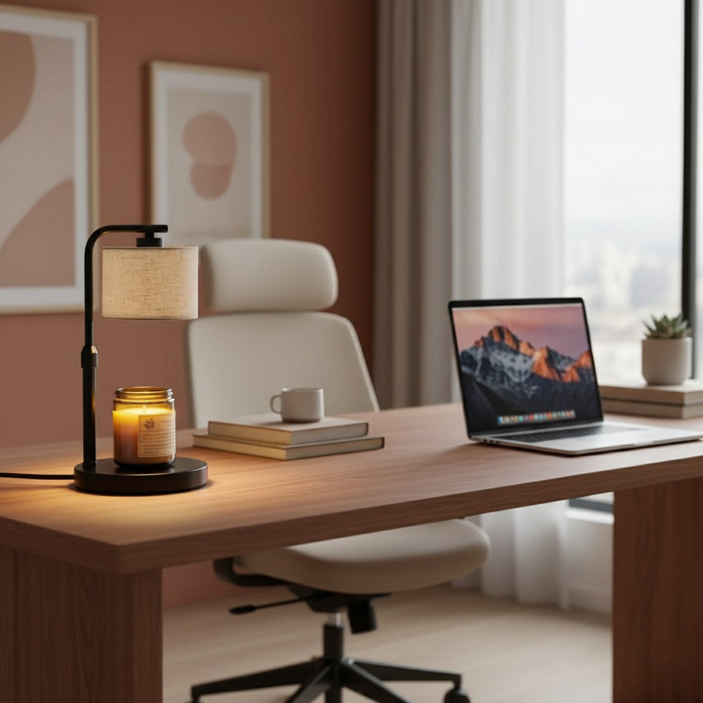 Home office desk with laptop, lamp, and candle in a cozy room.