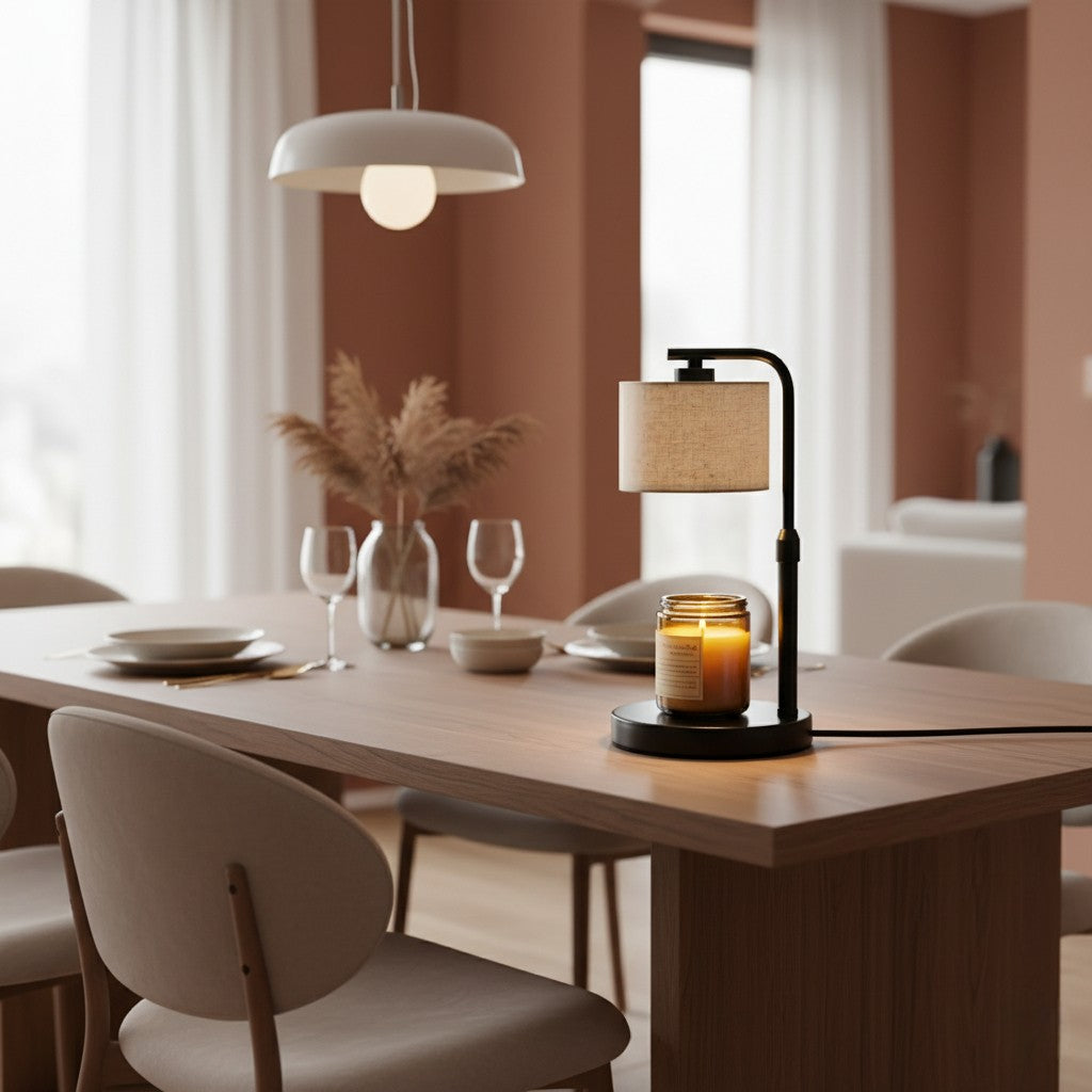 Dining room with a table set for dinner, featuring a lamp and candle.