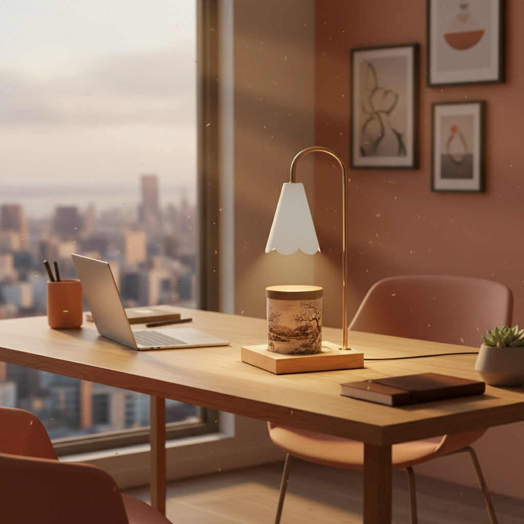 Modern office desk with laptop, lamp, and decor in a cityscape view.