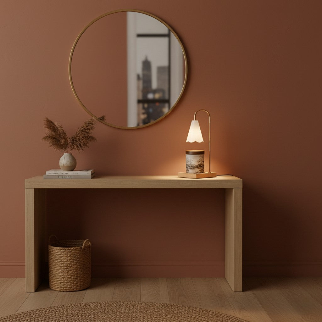 Wooden console table with decorative items against a brown wall