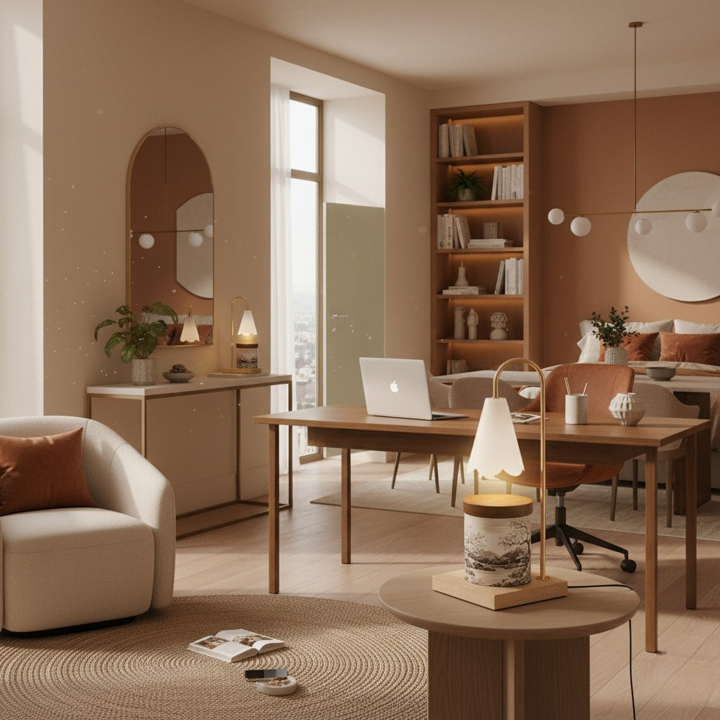 Modern home office with wooden desk, chair, and bookshelf.
