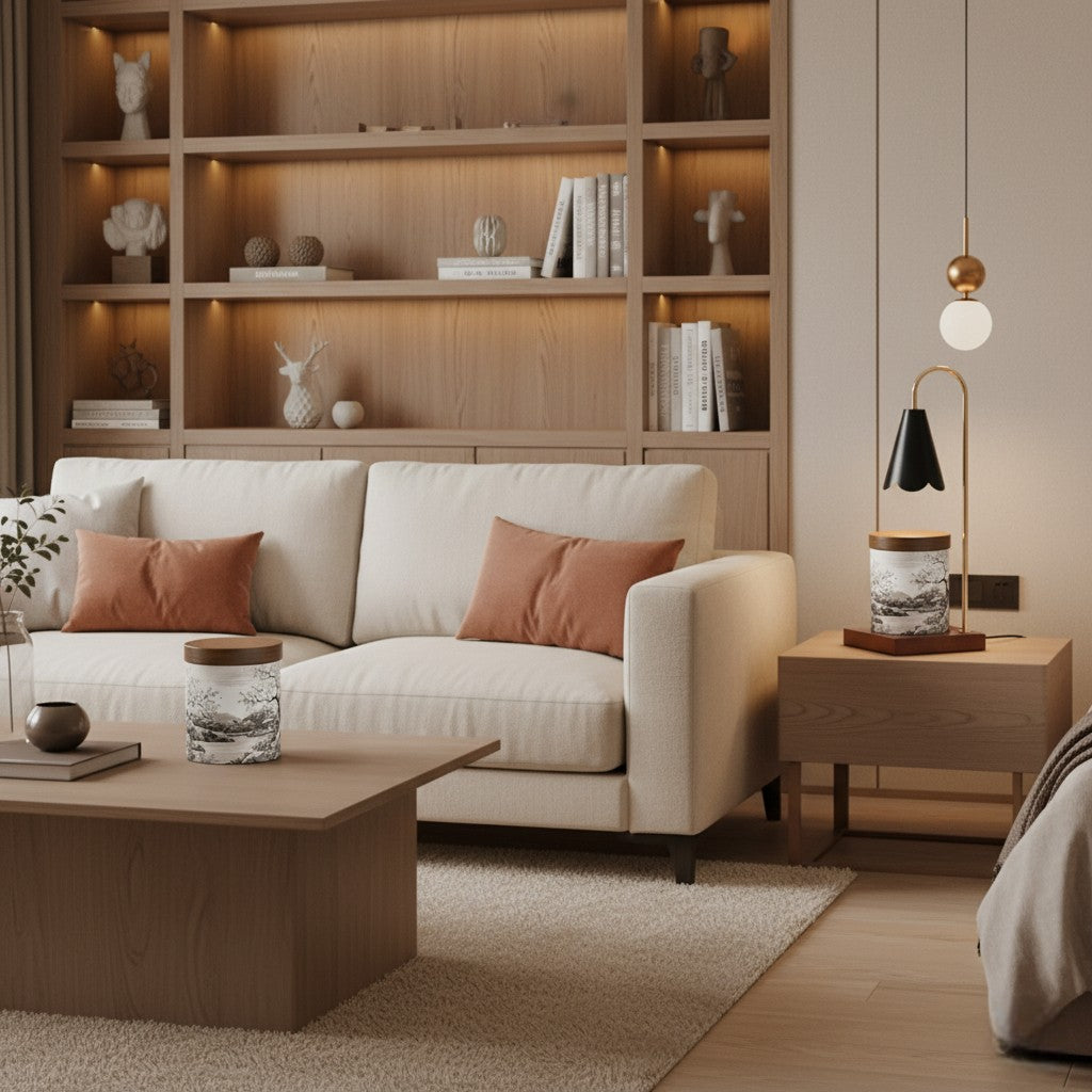 Modern living room with beige sofa, wooden coffee table, and bookshelf.