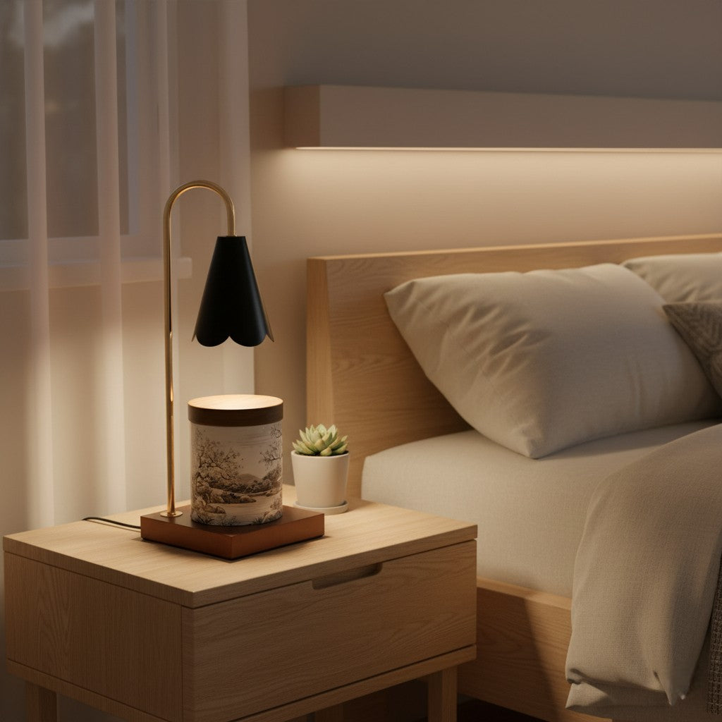 Bedroom scene with a nightstand, lamp, and bed in a softly lit room.