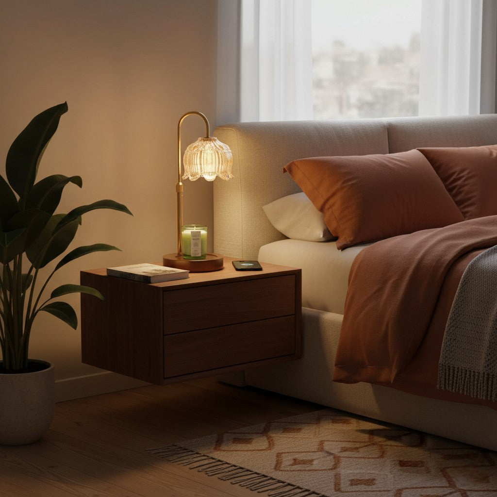 Cozy bedroom with a nightstand, lamp, and bed with pillows and blanket.