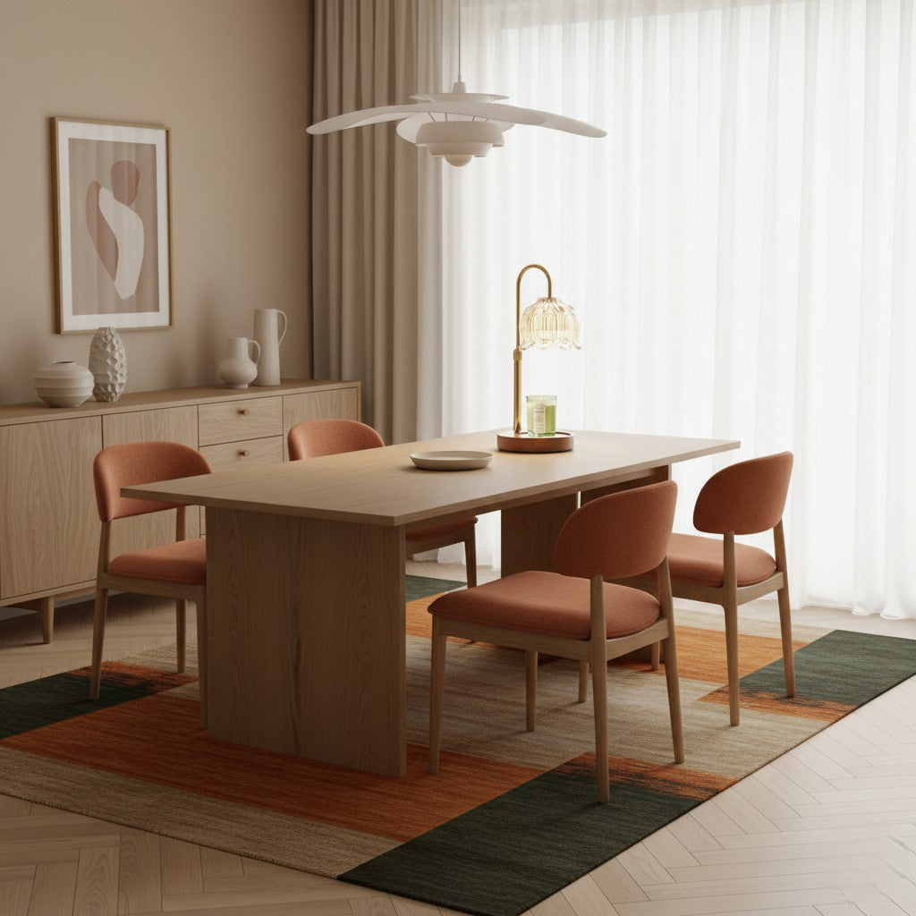 Dining room with a wooden table and chairs on a patterned rug.