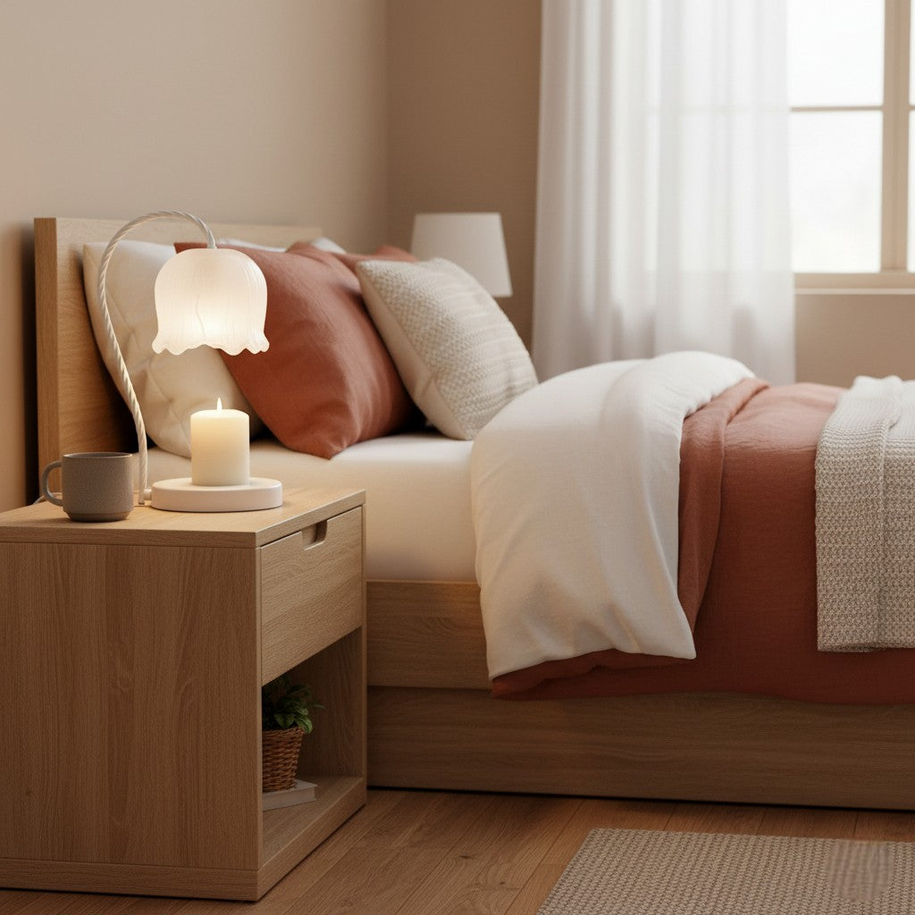 Cozy bedroom with a bed, nightstand, and lamp.
