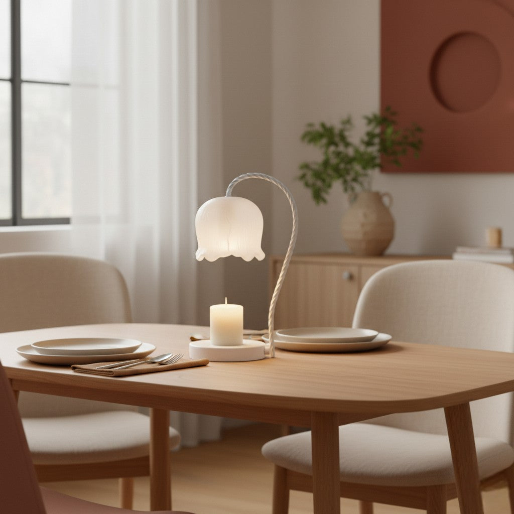 Dining table with a lamp, plates, and a candle in a softly lit room.