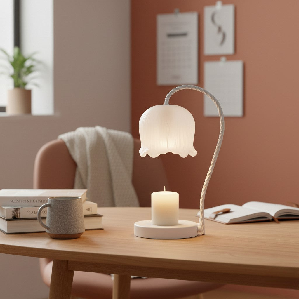 Table lamp with a white shade on a wooden table in a cozy room.
