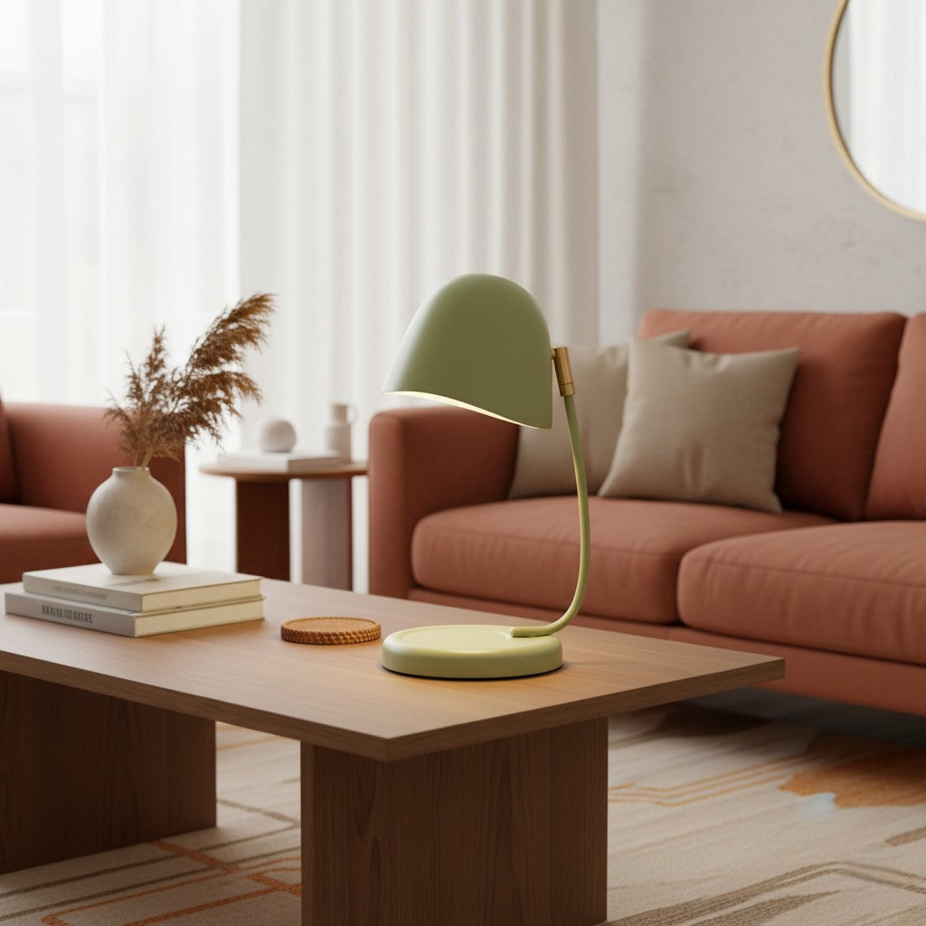 Green lamp on a wooden coffee table in a living room with a brown sofa and decorative items.