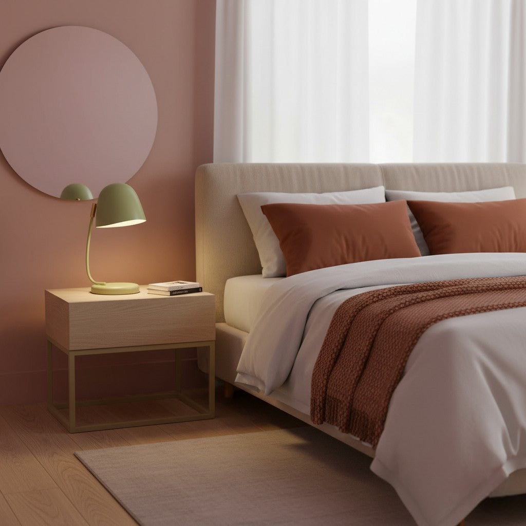 Modern bedroom with a bed, nightstand, and lamp against a pink wall.