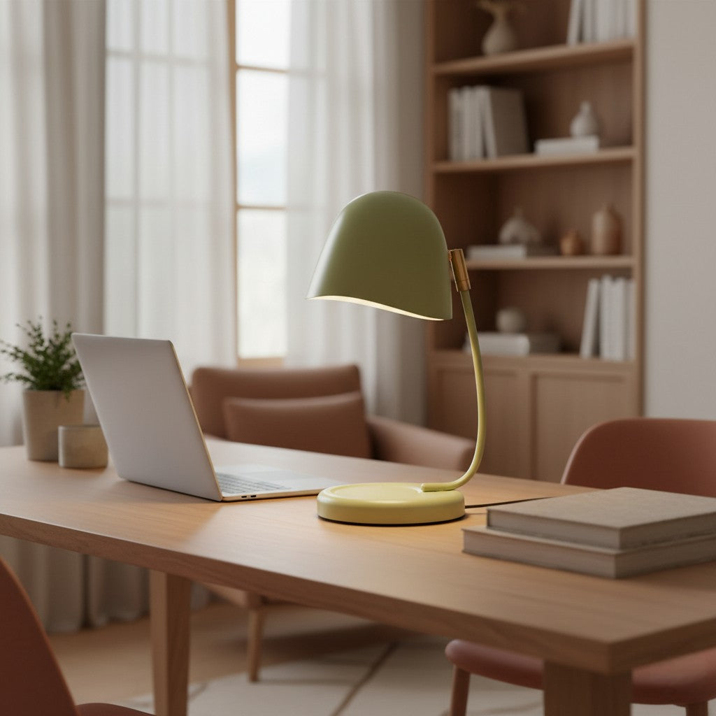Laptop on a wooden desk with a green lamp in a cozy room.