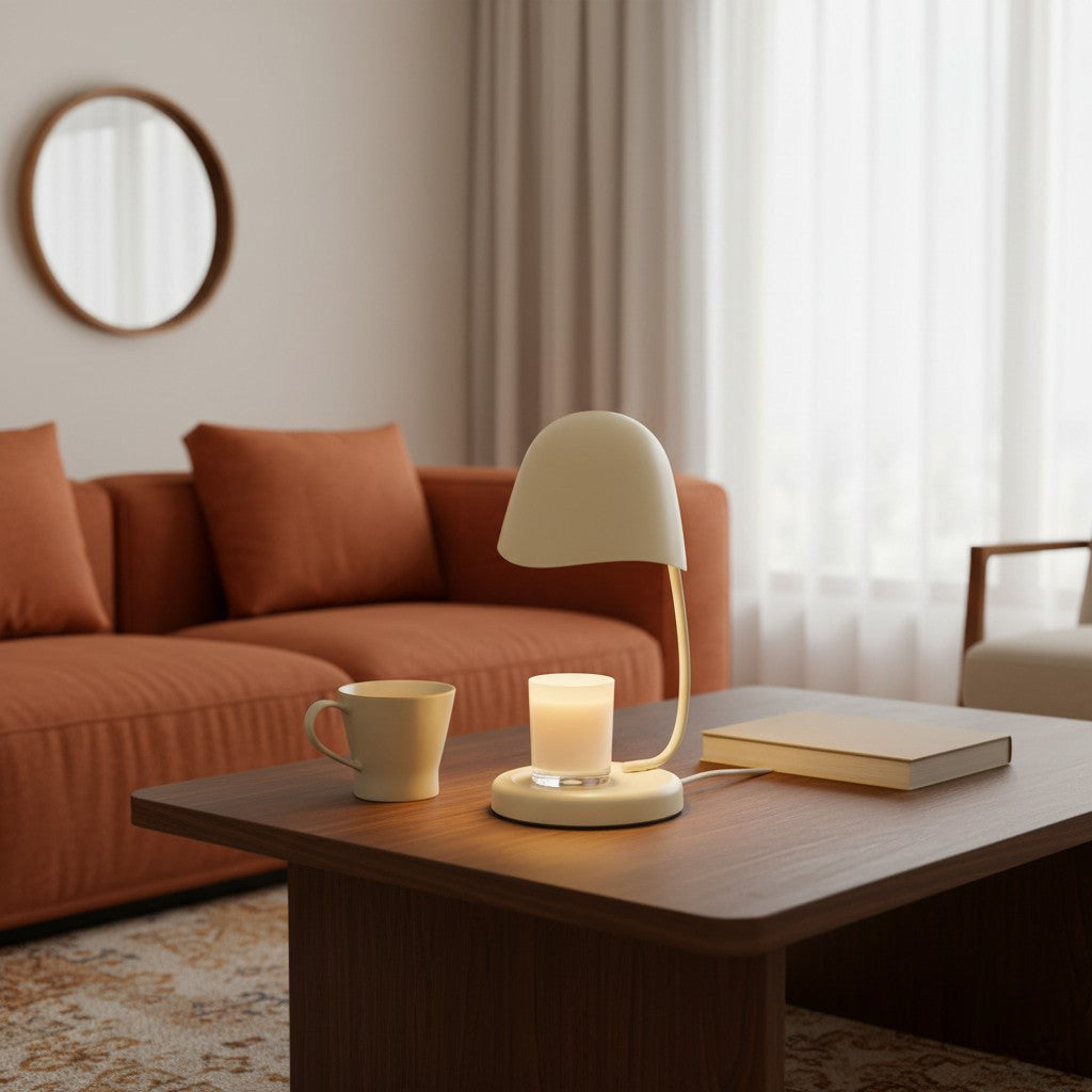 Modern living room with a coffee table, lamp, mug, and candle.