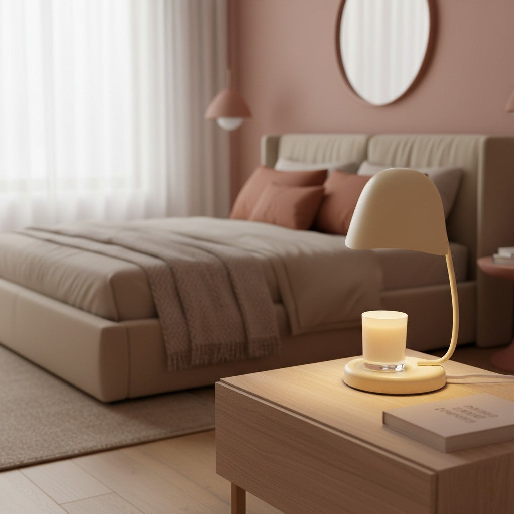 Modern bedroom with a bed, nightstand, and decorative elements.