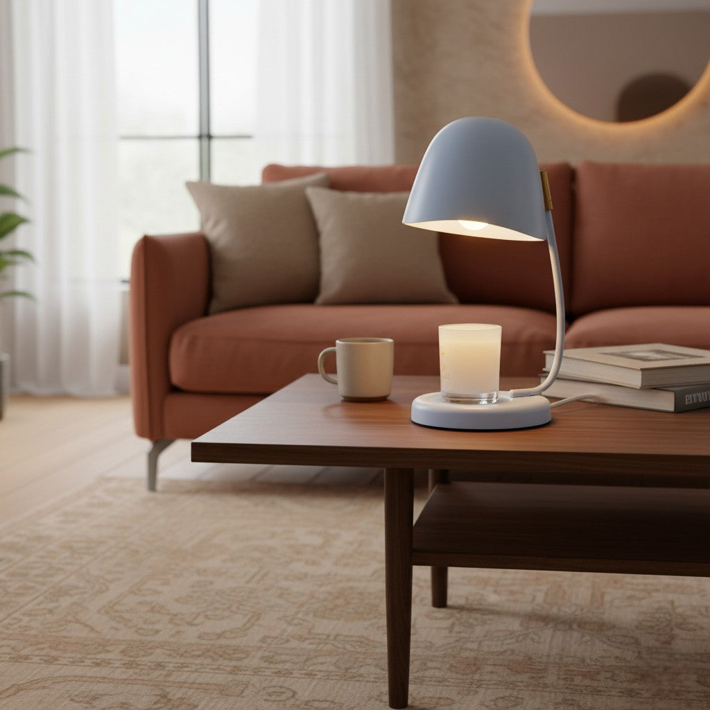 Modern living room with a coffee table featuring a lamp, mug, and candle.
