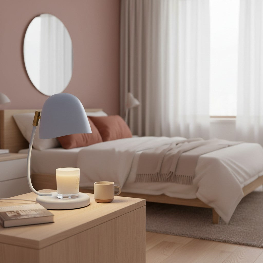 Modern bedroom with a bedside table, lamp, and candle