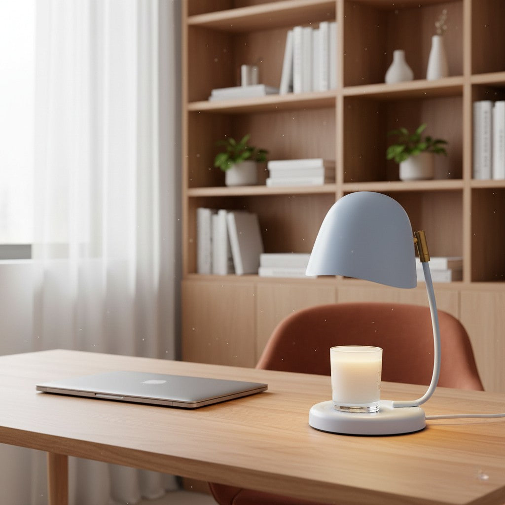 Desk with a lamp, laptop, and candle in a room with bookshelves and plants.